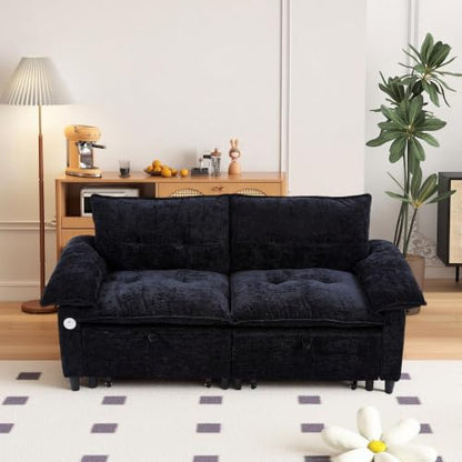 73" Plush Velvet Convertible Loveseat Sleeper Sofa Bed, Loveseat Convertible with Hidden Mattress, Sofa Bed Couch Simple Assembly for Small Apartment and Guest Space, Black - color: Black