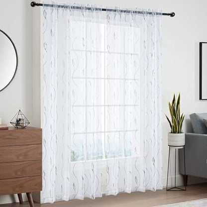 Silver Foil Print Sheer Curtains 84 inches Long, 2 Panels Wicker Bronzing Treatment Sheer Curtain, Rod Pocket Window Treatment Panels for Bedroom Living Room - color: Wicker/Silver/White, size: 52"W x 84"L (Pack of 2)
