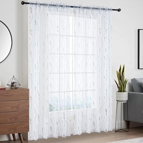 Silver Foil Print Sheer Curtains 63 inches Long, 2 Panels Wicker Bronzing Treatment Sheer Curtain, Rod Pocket Window Treatment Panels for Bedroom Living Room - color: Wicker/Silver/White, size: 52"W x 63"L (Pack of 2)