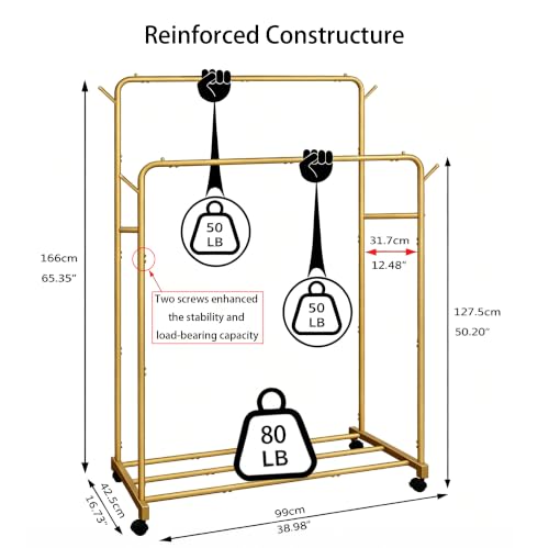AT-VALY Double Rods Clothes Rack, Sturdy Metal Garment Rack with Wheels, Portable Wardrobe Rack with Bottom Shelf & Side Hooks, Heavy Duty Coat Hanger Stand for Bedroom, Laundry, Living Room,Gold