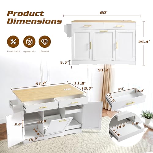 60" Kitchen Island with Power Outlet, Drop Leaf, Trash Can Storage | Rolling Kitchen Island Table Cart Cabinet with Drawer, Mobile Kitchen Cabinet on Wheels w/Spice Rack, Towel Bar, Hooks - color: White, size: 60"