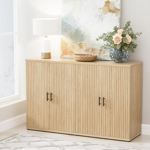 Accent Fluted Sideboard Buffet Cabinet with Storage and 4 Doors, Mordern Credenza Storage Cabinet with Adjustable Shelves, Media Console Table, for Living Room Dinning Entryway Kitchen/Oak - color: Natural Oak, size: 1 Piece