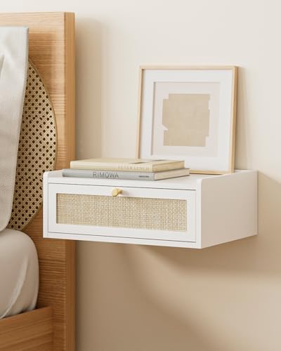 Floating Nightstand,Wall Mounted Night Stand with Drawer,Small Floating Shelves,Floating Wood Bedside Table for Bedroom、Living Room、Bathroom(No Assembly) - color: White, style: Bohemian