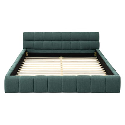Chenille Fabric Upholstered Platform Bed Frame with Soft Headboard, Modern Low Profile Grounded Design, No Box Spring Needed, Sturdy MDF & Wood Frame, Neutral Style (Blue green, Queen (U.S. Standard)) - color: Blue Green, size: Queen (U.S. Standard)