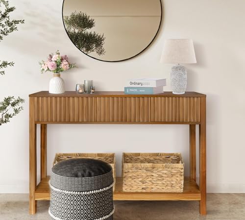 Fluted Console Table with Storage, 48" Long Entryway Slim Sofa Table Behind Couch Entry Tables, Narrow Wood Hallway Modern Living Room Couch Foyer Entrance Tables Brown - color: Brown-4 Legs