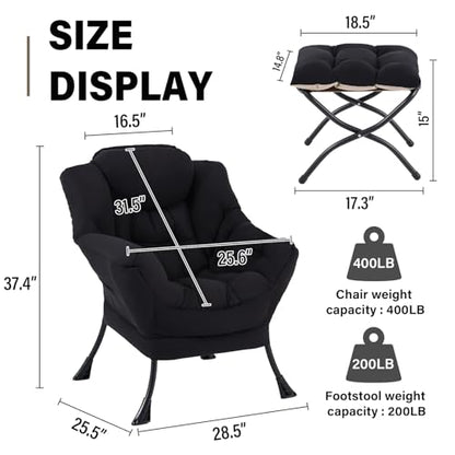 Modern Lazy Chair with Ottoman Lounge Accent Reading Chair for Living Room | Foldable Footstool,Removable Cover,Soft Padded Seat & Backrest,Upholstered Comfy Chair for Bedroom,Dorm,Office,Small Space - color: Black