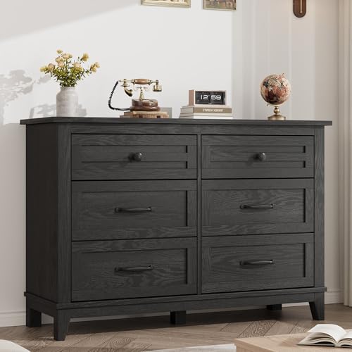 GarveeHome 6 Dresser for Bedroom, 47 in Wide Drawer Dresser with Storage Freestanding, Wooden Closet Storage Chest for Living Room, Bedroom, Entryway, Dark Black - color: Dark Black, size: 15.8"D x 47.2"W x 32.1"H (6 Drawers)