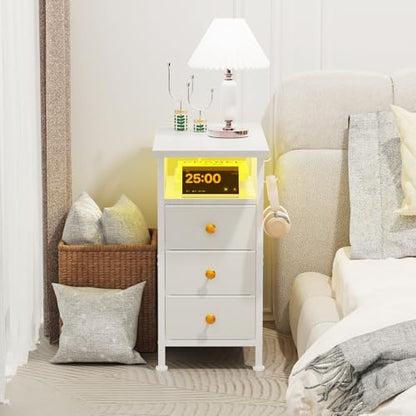 Narrow Dresser with Charging Station, Slim Dresser with 3 Fabric Drawers and Shelf, Skinny Nightstand with LED Light, Bedside Table Dresser for Bedroom, Living Room, Small Spaces, White