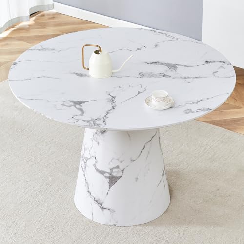 White Round Dining Table for 4-6,45" Round Kitchen Table,Faux Marble Round Dinner Table,Modern Dining Table with Pedestal Base for Apartment Dining Room - color: 45'' White