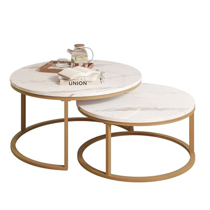 WiberWi Round Coffee Table Nesting Tables Set of 2, Large : Ø 34.0", Small : Ø 26.0", Modern Design Coffee Tables for Living Room, Gold Metal Frame Circle Cocktail Table, High Glossy Faux White Marble - color: White Faux Marble