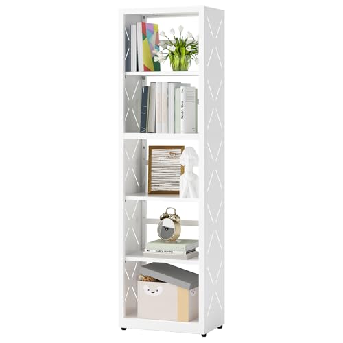 SteeLoong 5 Tier Bookcase,Metal Bookshelf with Adjustable Feet & Shelves | 55"H White Book Shelf with Bookends,Narrow Bookcase for Small Places,Modern Open Bookshelf for Home Office,Kitchen,Garage - color: White, size: 5-Tier 16"W