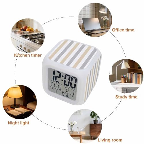 Digital Alarm Clocks for Bedroom,Classical Beige Grey Striped Cube Alarm Clock with Snooze and Nightlight Modern Minimalist Lines Silent Office Desk Clock Time/Date/Temperature Display - color: Beige