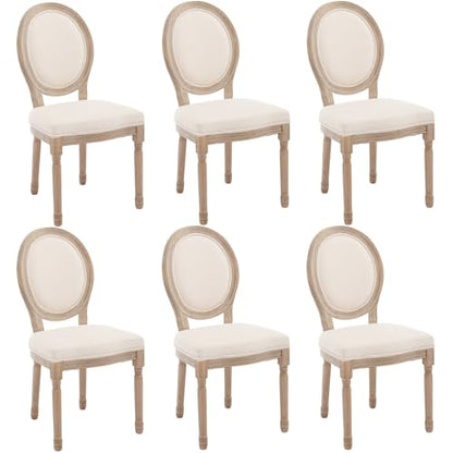 Kmax Farmhouse Dining Room Chairs, Brown Wood Legs Elegant Tufted Kitchen Chairs, French Distressed Bedroom Chairs with Round Back, Set of 6, Beige - color: Antique Brush-fabric-beige, size: 6 Chairs