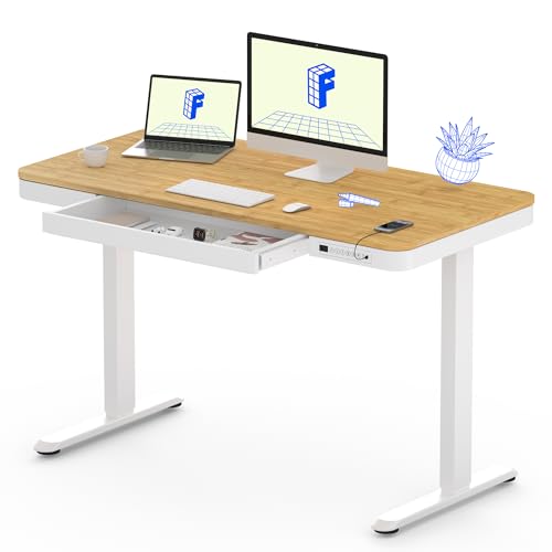 FLEXISPOT Comhar 48" Electric Standing Desk with Drawers, USB Charging Ports, Quick Assembly, Height Adjustable Sit Stand Desk with Child Lock for Natural Home Office, Bamboo Finish Top/White Legs - size: 48"Bamboo Texture/White