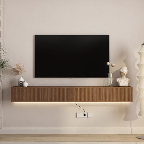 KEIKI 78.7" Floating TV Stand Wall Mounted with 16 Color LEDs & Power Outlets for TVs Up to 70 Inch, Wooden Media Console Entertainment Center Television Table Cabinet for Living Room, Bedroom