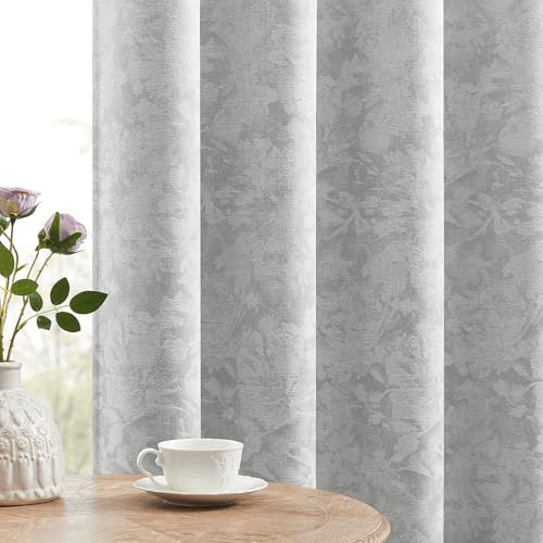 Beauoop Grey Floral Jacquard Blackout Curtains for Bedroom 52x90 2 Panels | Flower Chenille Room Darkening Drapes for Living Room 90 Inch Long Thermal Insulated Soundproof Window treatment Grommet - color: Grommet | Grey, size: 52"W x 90"L (Pack of 2)