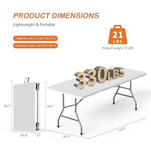 VSOAEIL 6 Foot Folding Table, 6 FT Foldable Plastic Table Heavy Duty HDPE | 6 Feet Portable Fold-in-Half Utility Folding Table with Handle for Picnic, Party, Dining, Camping, Indoor & Outdoor, White - color: White, size: 6 FT - 1 PACK