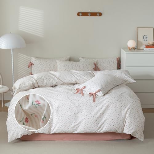 mixinni Soft Aesthetic Floral Print White Duvet Cover Pink Rose Pattern Girls Striped Bedding 1 Duvet Cover 2 Bow Tie Pillowcases Twin Size 100% Cotton with Zipper Ties for Teenage Girls - color: A1 # Bowknot - Pink White Floral/Stripes, size: Twin(68" x