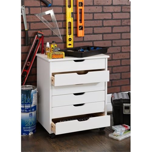 Linon Callie Multipurpose Six Drawer Dresser Wide Wood Rolling File Cabinet Storage Cart in White Wash