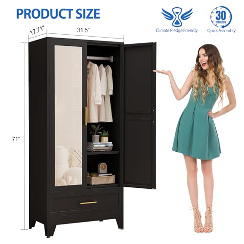 GAIOUS Steel Armoire Wardrobe Closet with Mirror Door and Drawer 71" Black | Household Wardrobe Cabinet with Hanging Rod, Metal Clothing Storage Cabinet with Adjustable Shelf for Bedroom, Cloak, Gym - color: 1 Drawer Black- Mirror Style, size: 17.71"D x 3