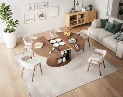 Extendable Round Dining Table for 2-4-6, 63 Inch Dining Room Kitchen Table with 2-Tier Storage Shelf, Modern Farmhouse Fluted Wood Slide Door Dinner Furniture,Oval Circle(Walnut-63 Inch) - color: Walnut-63 Inch