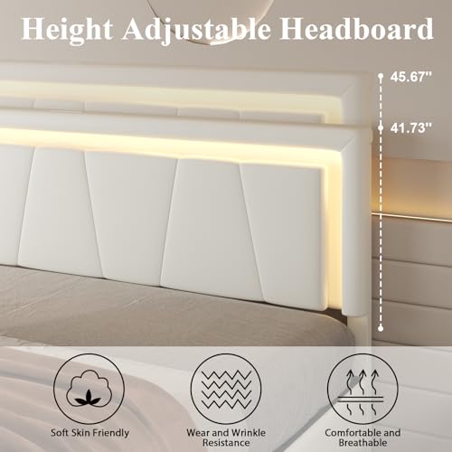 Queen Size Bed Frame with 4 Storage Drawers, Upholstered Headboard, White | Modern Bed, Charging Station, LED Light, Adjustable Height Headboard, Noise-Free, No Box Spring Needed, Easy Assembly - color: White, size: Queen