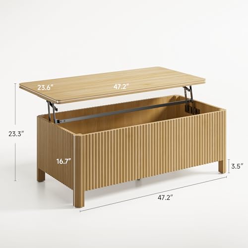 Fluted Lift Top Coffee Table with Storage, Mid Century Modern Coffee Table with Hidden Compartment, Rising Top Wood Center Table for Living Room, Home Office, Rounded Edges (Natural Oak) - color: Natural Oak
