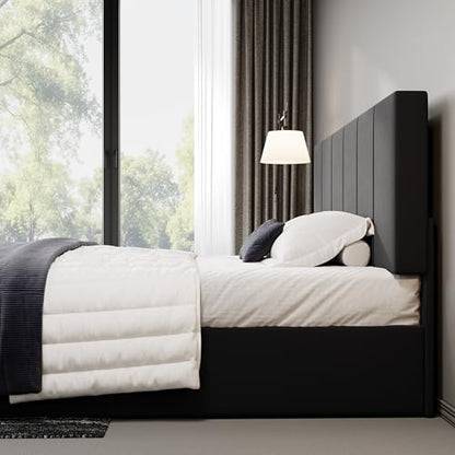 Allewie King Size Dutch Velvet Upholstered Platform Bed Frame/Vertical Channel Tufted Adjustable Headboard/Low Profile Bed Frame/No Box Spring Needed/Easy Assembly/Black - color: Black, size: King