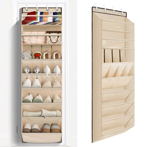 1 Pack Over The Door Shoe Organizer, 8 Shelves Hanging Shoe Organizers, | 68" Exlarge Deep Pockets Shoe Rack for Closet, Shoe Holder for Boots, Sneakers, Heels, Over Door Organizer in Home, RV, Beige - color: BEIGE, size: 25+ Pairs