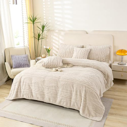 YUSOKI Sherpa Fleece Queen Size Blanket, Linen, 90"x90" | 3D Stylish Design,320GSM, Non-Shedding, Lightweight for All Season Use, stays fluffy after repeated washes, Perfect Gifts - color: Linen-(without Pillows), size: Queen (90" x 90")