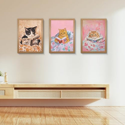 OVQJZIS 3 Piece Cozy Cats Reading Books Oil Painting, Natural Oak Wood Grain Gallery Frame, Whimsical Kitten Wall Art for Bedroom & Reading Nook, Each piece12 x 16 inches - color: Whimsical Kitten