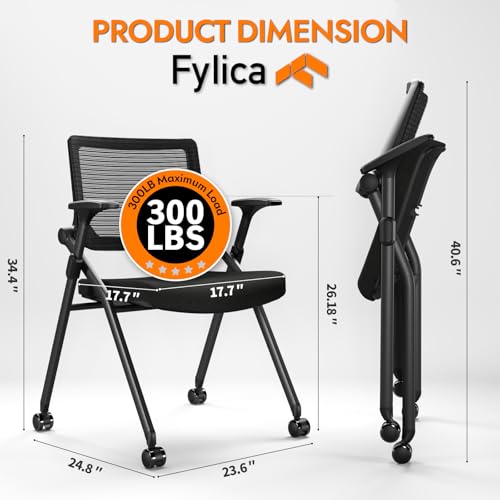 Foldable Office Chair with PU Wheels and Smooth Armrest-Ergonomic Mesh Bouncing Back, Stackable Conference Room Chair, Office Guest & Reception & Meeting Chair (Black)