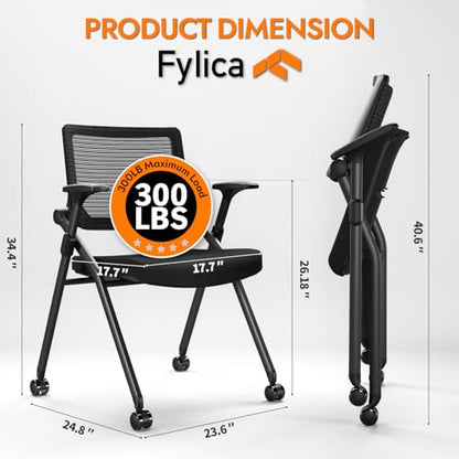 Foldable Office Chair with PU Wheels and Smooth Armrest-Ergonomic Mesh Bouncing Back, Stackable Conference Room Chair, Office Guest & Reception & Meeting Chair (Black)