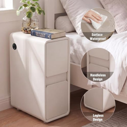 Modern Leather Nightstands of 2, Solid Wood Bedside Table with 2 Drawers & USB Charging Station, Small Preassembled End Table, Narrow Nightstand for Bedroom Living Room Office White - color: White, size: 8"