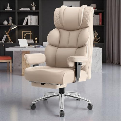 BestGlory Office Desk Chair, Big and Tall Leather Gaming Chair with Footrest, Wide Ergonomic Comfy Executive High-Back Reclining Computer Chairs, Swivel Rolling Wheels and Padded Lumbar Support, Beige - color: Beige, style: 3 Position Reclining
