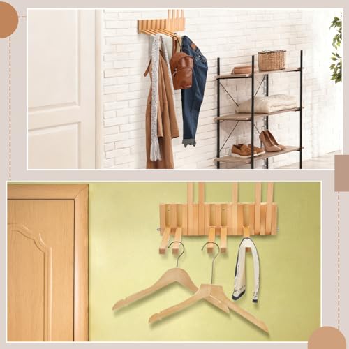 Beech Wood Wall Mounted Drying Rack for Laundry Room with 10 Mount Folding Coat Hooks Racks Drying Hanger for Bathroom Hat Towels Robes Rack Saving Space (Wood Color)