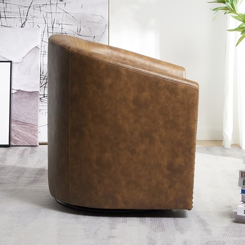KINWELL 29" W Faux Leather Tufted PU Swivel Barrel Accent Chair, Coffee | No Assembly Vegan Leather Upholstered Swivel Club Chair with Nailhead Trim, Modern Armchair for Small Spaces Apartment - color: Coffee, style: Set of 1
