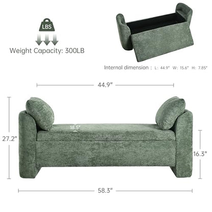 Usaint 58.3" Upholstered Storage Ottoman Bench with 2 Throw Pillows, Green | End of Bed Bench with Curved Arms and Thickened Seat Cushion for Bedroom, Livingroom, Window, Entryway and Dressing Areas - color: Green
