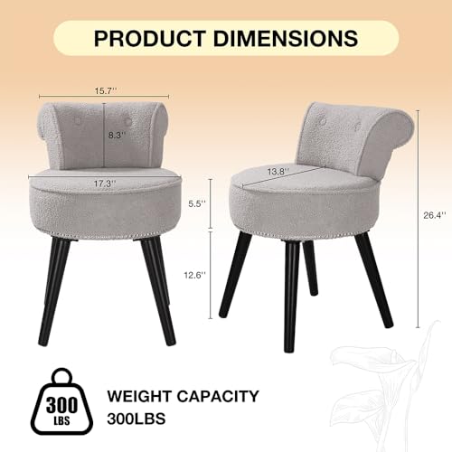Vanity Chair with Back, Sherpa Stool with Tufted Backrest & Silver Nailhead Trim, Round Vanity Seat for Bedroom and Bathroom Makeup, Support 220lbs, Easy Assembly (Teddy Gray) - color: Sherpa Gray