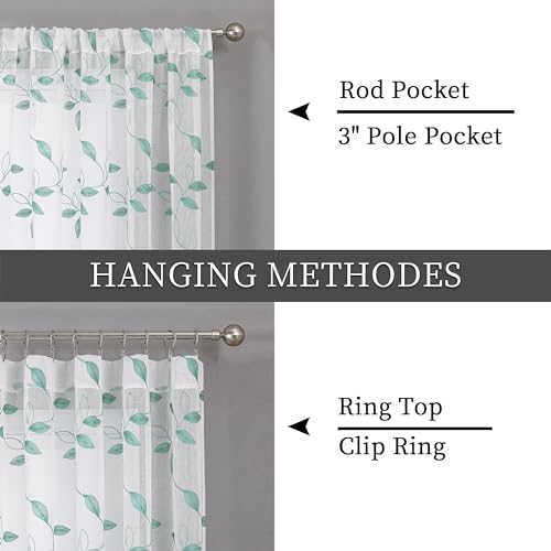 Tollpiz Teal Blue Leaf Sheer Tier Curtain Kitchen 30 x 36 Inches | Leaves Embroidered Curtains Rod Pocket Voile Bathroom Window Treatment for Cafe, Set of 2 Panels - color: Teal Blue, size: 30"W x 36"L (Pack of 2)