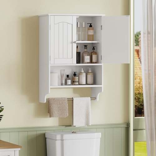 Medicine Cabinet with Adjustable Shelves and Towel Rack, Wall Mounted Bathroom Cabinet Over the Toilet Storage for Bathroom, Living Room, White - color: White With Towel Bar, size: 7.1"D x 15.4"W x 22"H