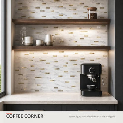 StyloVue 20 Sheets Peel and Stick Backsplash for Kitchen, Sparkle White Marble Look with Gold Metal, Glossy Finish, Stick on Tile for Kitchen Backsplash, RV, Fireplace - color: Sparkle White Marble