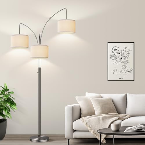 Dimmable Floor Lamp, 3 Lights Sliver Arc Floor Lamp, Modern Tall Standing Tree Lamp with White Linen Shades & Heavy Base, 3000LM LED Bulbs, Bright Lighting for Living Room, Bedroom, Office & Reading - color: Brushed Nickel-White Shade
