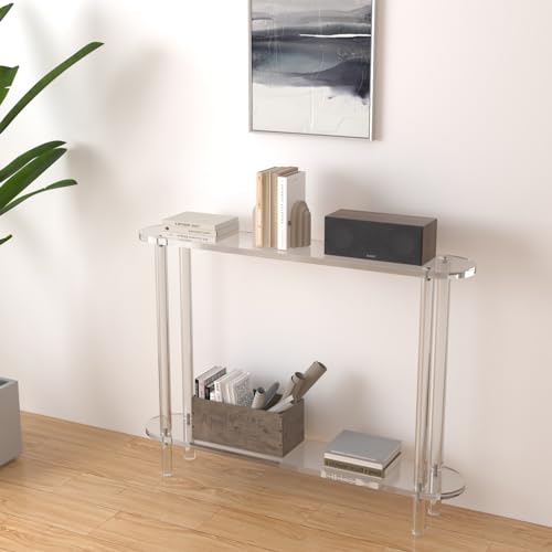Acrylic Console Table 7.8" D x 39.4" W x 31.2" H, Narrow Console Table, Skinny Entryway Table for Sofa, Foyer, Hallway, Living Room, Modern, 2-Tier, Clear