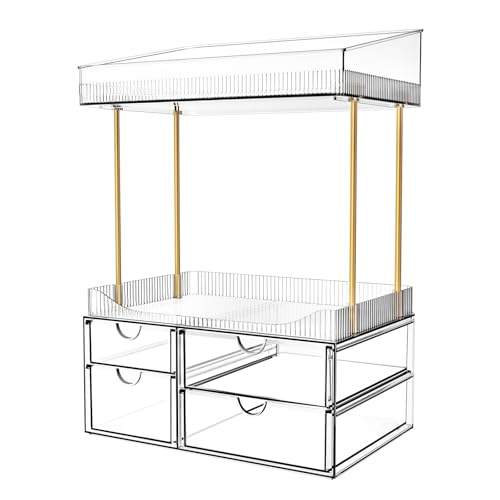 SNSLXH 4-Tier Clear Makeup Organizer Bathroom Storage | 4 Drawers Cosmetics Organiser, Ideal for Countertop, Bathroom, Office, Dresser, for Cosmetics, Skincare, Perfume, Lipstick - color: Clear