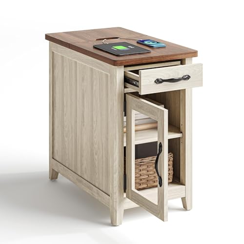 LINSY HOME End Table with Charging Station, Modern Farmhouse Wooden Side Table with Drawer, Detachable Holder, Extra Storage & Display Space, for Living Room and Bedroom, Glass Door, Washed Grey | Built-in Charging Station with USB & Outlet, Drawer Storag