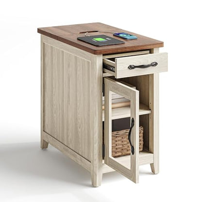 LINSY HOME End Table with Charging Station, Modern Farmhouse Wooden Side Table with Drawer, Detachable Holder, Extra Storage & Display Space, for Living Room and Bedroom, Glass Door, Washed Grey | Built-in Charging Station with USB & Outlet, Drawer Storag