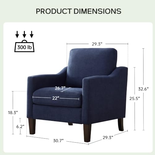 VKNOW Accent Chairs Set of 2, Modern Upholstered Armchairs, Blue | Reading Chairs with Wood Legs, Single Sofa Reading Seat, Flexible Cushion, No Tool Assembly, For Living Room, Bedroom - color: Blue