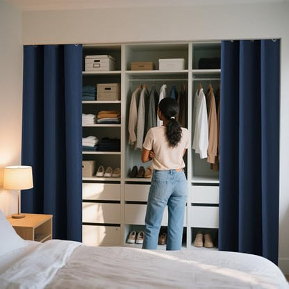 RYB HOME Navy Blue 100% Blackout Sliding Door Curtains 60 Wide 84 Long | Single Panel, Linen Blackout Drape, Bedroom Apartment Closet, Room Divider, Privacy Protection, Thermal Insulated, W60 x L84 - color: Navy Blue, size: 60"W x 84"L (Pack of 1)