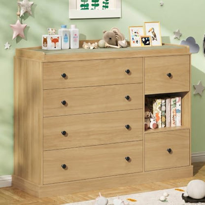 Kids Dresser Cabinet with 6 Drawers, Changing Table for Nursery with Shelf, Multi-Functional Chest of Drawers, Kids Bedroom Furniture, Nightstand for Children's Room, Oak - color: Oak